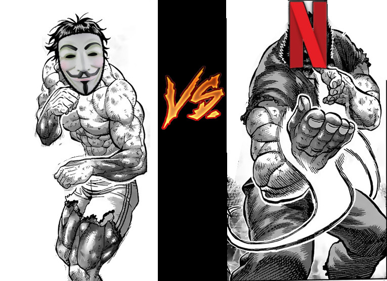 Przerobione panele z mangi Kengan Ashura. Dwie postacie gotowe do walki wręcz, między nimi napis VS. Jedna ma nałożoną maskę ruchu Anonymous. Druga ma logo serwisu Netflix zamiast głowy