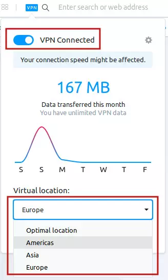 Zrzut ekranu z Opery pokazujący opcje VPN-a. Zaznaczono pierwszy suwak u góry, który pozwala go włączyć. A także opcje z dołu, umożliwiające wybór rejonu.