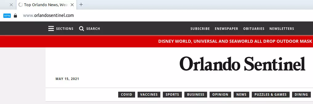 Zrzut ekranu pokazujący górną część strony Orlando Sentinel, otwartą w Operze.