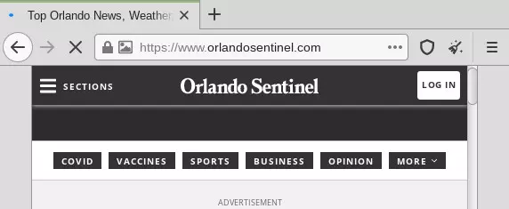 Zrzut ekranu pokazujący stronę Orlando Sentinel otwartą w przeglądarce Tor Browser.