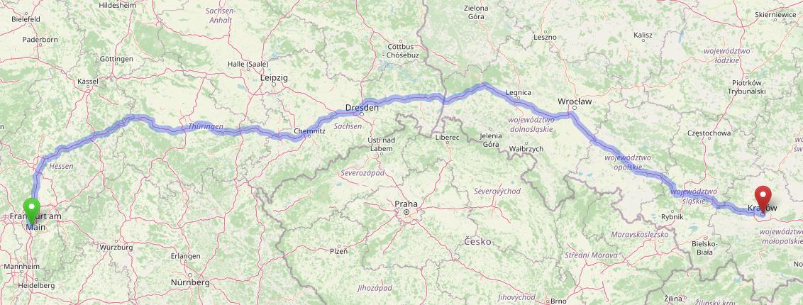 Najkrótsza trasa samochodowa między Krakowem a parkingiem położonym zaraz obok Frankfurtu