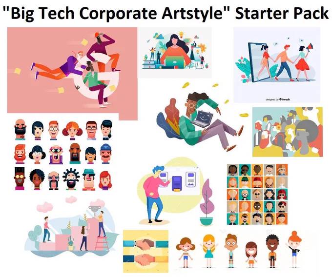 Kolaż zatytułowany Pakiet Startowy dla Grafik Branży Big Tech. Widać na nim różne grafiki o prostych kształtach, pokazujące humanoidalne postacie podczas różnych codziennych czynności