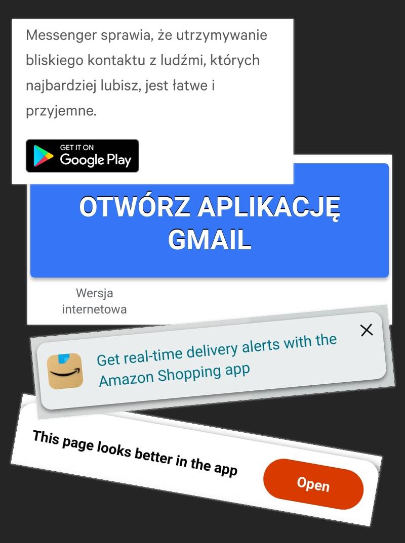 Kolaż pokazujący cztery różne okna zachęcające do zainstalowania aplikacji zamiast korzystania ze strony internetowej.