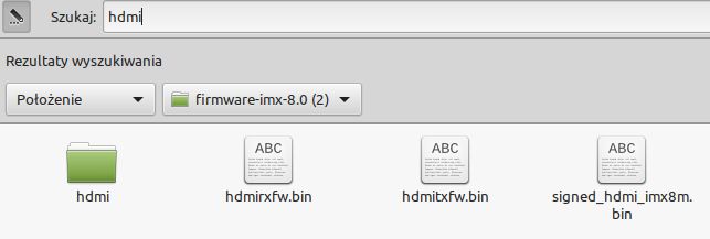 Okno Eksploratora Plików na systemie Linux Mint, pokazujące ikony czterech plików w wynikach wyszukiwania, a nad nimi pasek wyszukiwanie ze wpisanym słowem 'hdmi'.