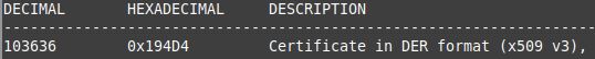 Zrzut ekranu z konsoli pokazujący komunikat mówiący, że od bajtu 103636 zaczyna się certyfikat w formacie DER.