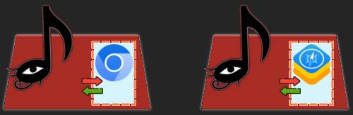 Schemat pokazujący dwa warianty aplikacji, na Androida i iOS. Są przedstawione jako czerwone trapezy z groźnie wyglądającym okiem w rogu. W każdej z nich znajduje się prostokąt wykonany z przerywanych kresek, z dwiema strzałkami na brzegu (od apki do jego wnętrza i vice versa). Wewnątrz prostokątów widać loga silników: Chromium oraz WebKita.