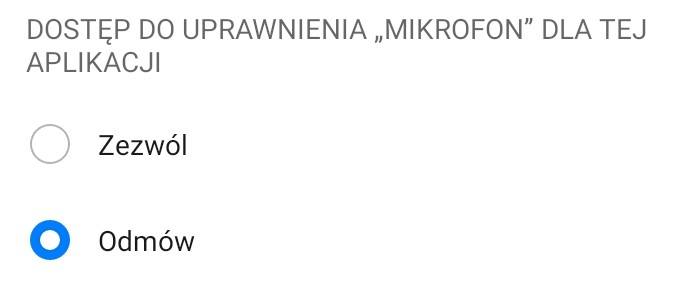 Zrzut ekranu pokazujący fragment menu z Androida, pytający czy chcemy pozwolić aplikacji na dostęp do mikrofonu