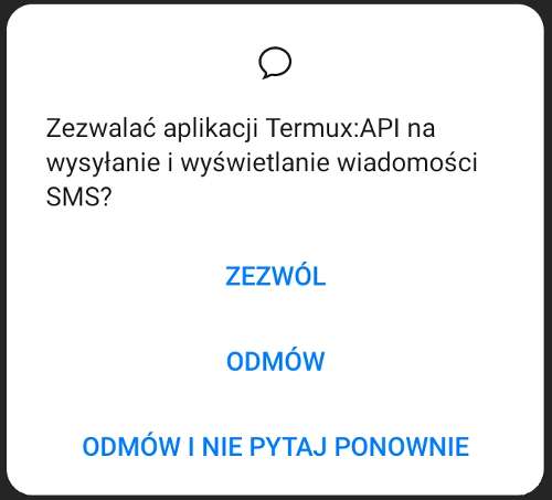 Komunikat mówiący, że aplikacja prosi o pozwolenie na czytanie SMS‑ów i dający na dole trzy opcje: wyrażenie zgody, niewyrażenie zgody albo niewyrażenie plus żądanie, żeby więcej nie pytać.