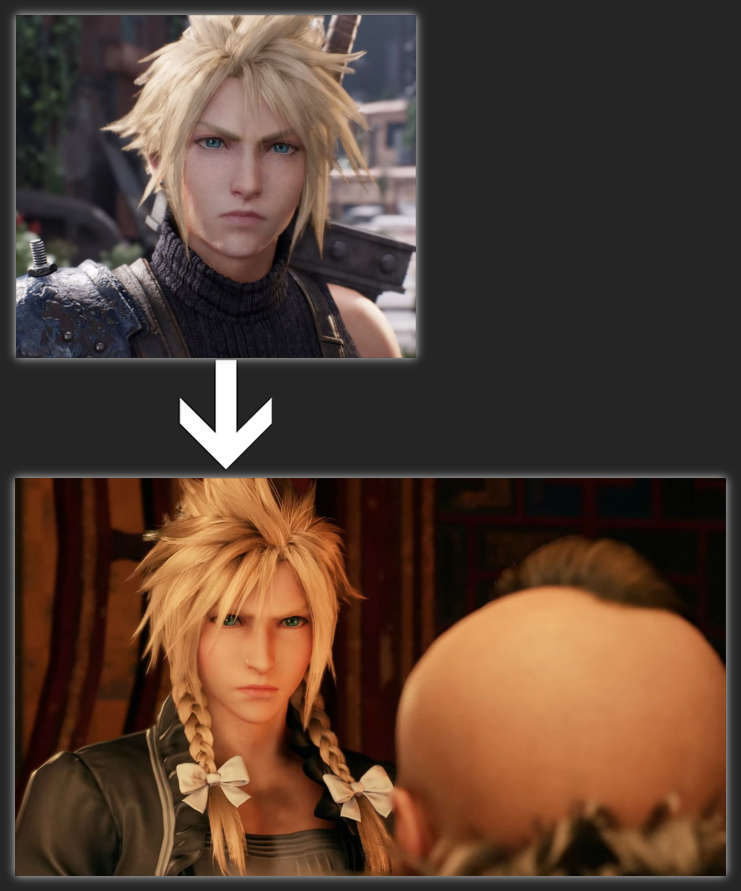 Dwa zrzuty ekranu z Final Fantasy 7 w nowej wersji. Kadr u góry pokazuje głównego bohatera, mężczyznę o blond włosach z mieczem na plecach. Obrazek jest połączony strzałką z innym obrazkiem, na którym widać tę samą postać w blond peruce i dwiema kokardkami na warkoczach.