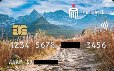 Zdjęcie przykładowej karty płatniczej ze strony PKO, z fałszywymi danymi.