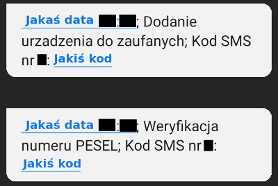 Dwa SMS-y z kodami pozwalającymi zrobić różne rzeczy na stronie banku. Większość danych zakryto.