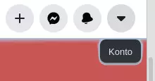 Prawy górny róg głównej strony Facebooka. Ikona strzałki skierowanej w dół, pod którą po najechaniu kursorem wyświetla się napis 'Konto'