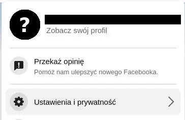 Menu widoczne pod obrazkiem profilowym. Obrazek, imię i nazwisko zakryte czarnym kolorem. Druga opcja od góry to 'Ustawienia i prywatność'