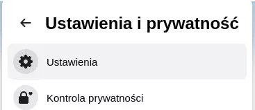 'Fragment menu z nagłówkiem 'Ustawienia i prywatność'. Zaraz pod nim pierwsza opcja to 'Ustawienia'.