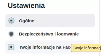 Wycinek ekranu pokazujący nagłówek 'Ustawienia' i opcje pod spodem. Wśród nich, trzecia od góry, opcja 'Twoje informacje na Facebooku'