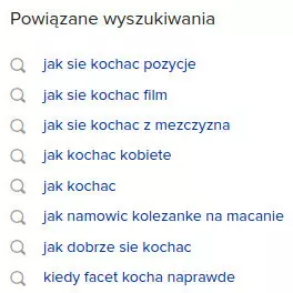 Screen podpowiedzi wyszukiwania z DuckDuckGo dla hasła „Kochajmy się jak bracia”. Wśród nich między innymi „jak się kochać pozycje”, „kiedy facet kocha naprawdę”, „jak namówić koleżankę na macanie”.