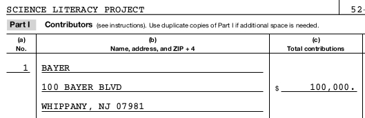 Screen pokazujący fragment rozliczenia podatkowego organizacji Science Literacy Project, pokazujący że otrzymali sto tysięcy dolarów od korporacji bayer