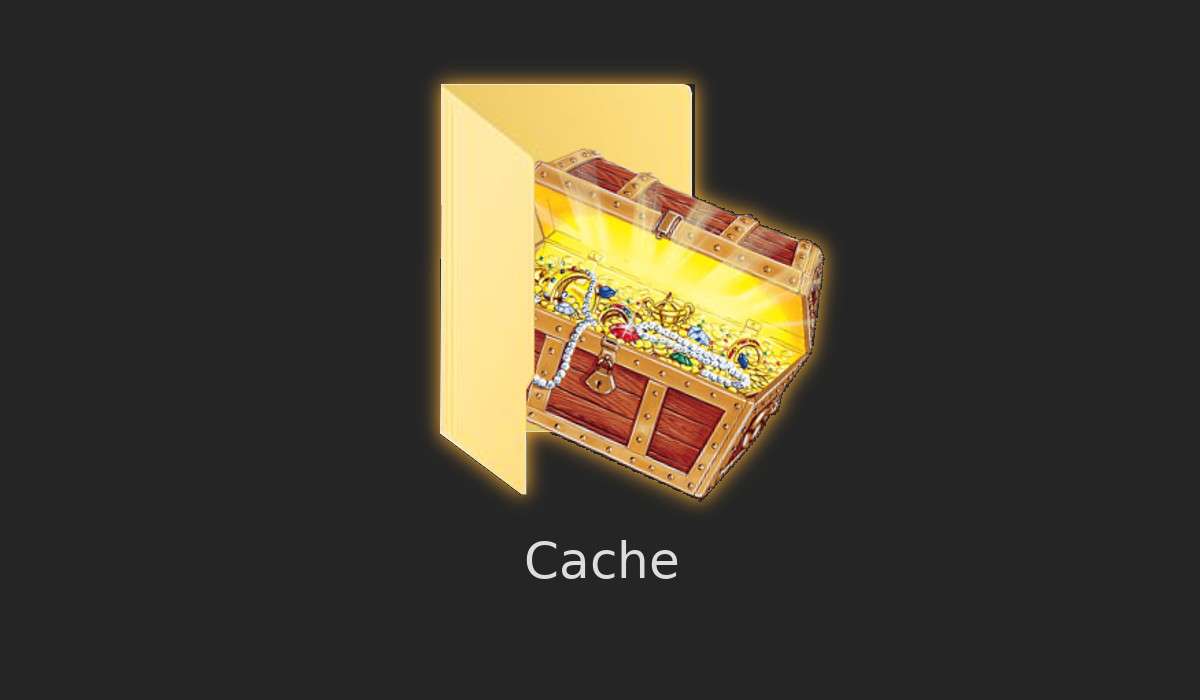 Skrzynia pełna skarbów wysuwająca się z folderu, pod nią podpis Cache
