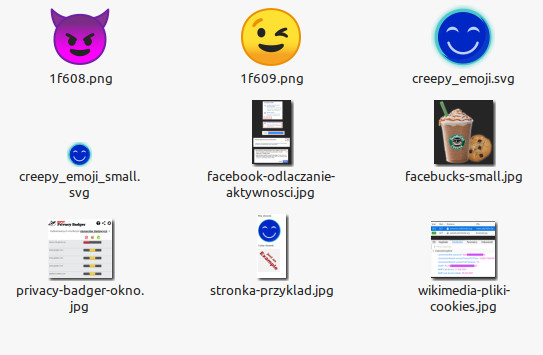 Zrzut ekranu z przeglądarki plików pokazujący 9 miniaturek w jednym folderze. Dwie z nich to ikony emoji, jedna to logo Ciemnej Strony, reszta to większe obrazki z treści wpisu.
