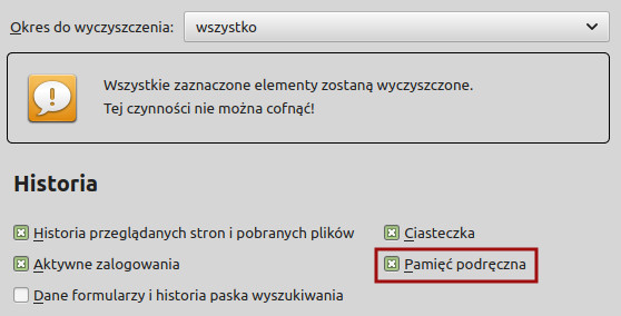 Zrzut ekranu okna Firefoksa z zaznaczonymi wszystkimi opcjami czyszczenia danych przeglądania. Czerwoną ramką otoczono tekst „Pamięć podręczna”.