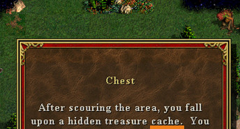 Screen z angielskiej wersji gry Heroes 3, pokazujący komunikat o tym, że znaleźliśmy ukryty skarb i możemy wybrać, co z nim zrobić. Jest tu nazwany „treasure cache”.