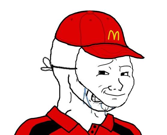 Mem pokazujący rysunkową postać w stroju i czapce restauracji McDonald. Nosi maskę pokazującą uśmiechniętą twarz, ale widać pod nią fragment smutnej miny i płynące po policzku łzy.