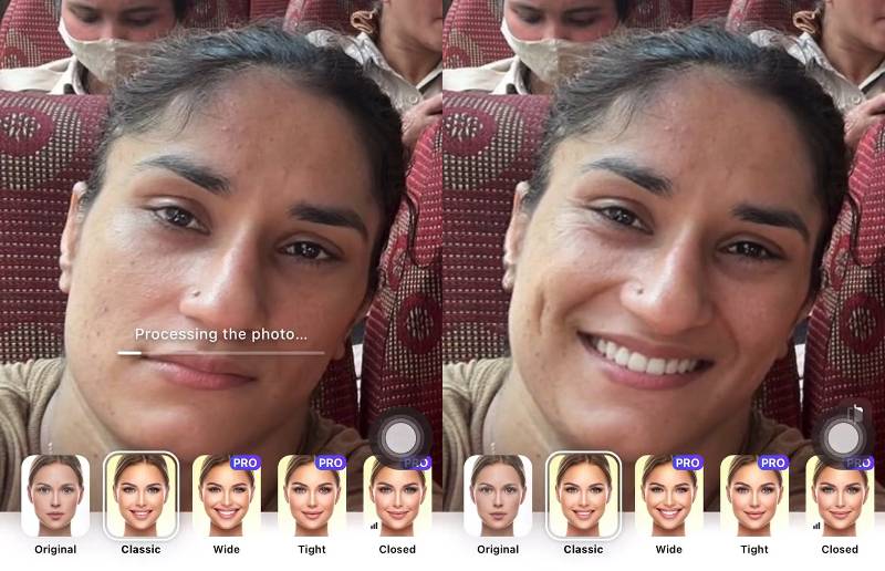 Dwa zrzuty ekranu z apki FaceApp pokazane obok siebie. Po lewej stronie widać kobietę z poważną twarzą, a na ekranie napis 'Przetwarzanie obrazu'. Po prawej stronie widać tę samą twarz z uśmiechniętą miną.