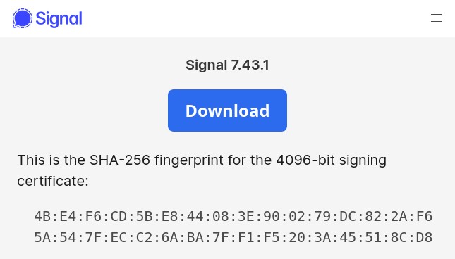 Zrzut ekranu ze strony Signala pokazujący link do pliku APK oraz hasz SHA-256 certyfikatu.