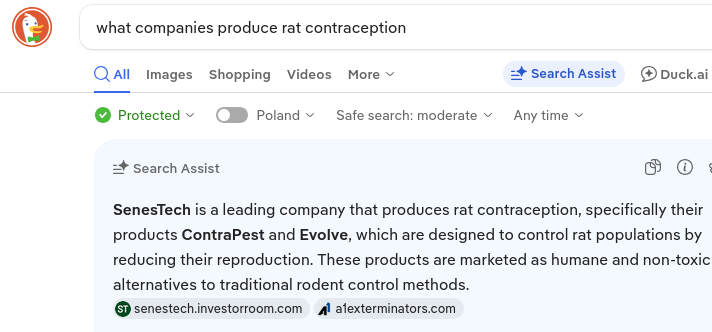 Szybka podpowiedź z wyszukiwarki DuckDuckGo, wspominająca że producentem antykoncepcji dla szczurów jest firma SenesTech, a ich produkty to ContraPest oraz Evolve