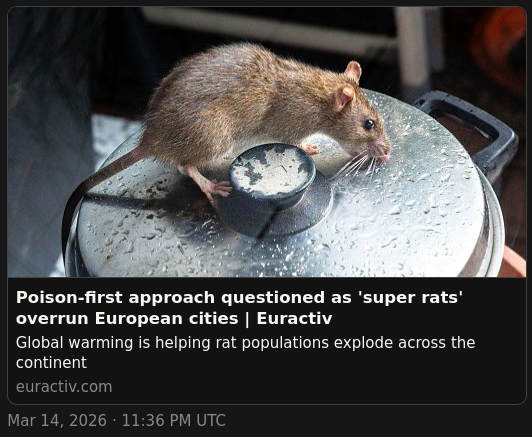 Zdjęcie artykułu z Euractiv pokazujące szczura i podpi mówiący o potrzebie użycia nowych metod
