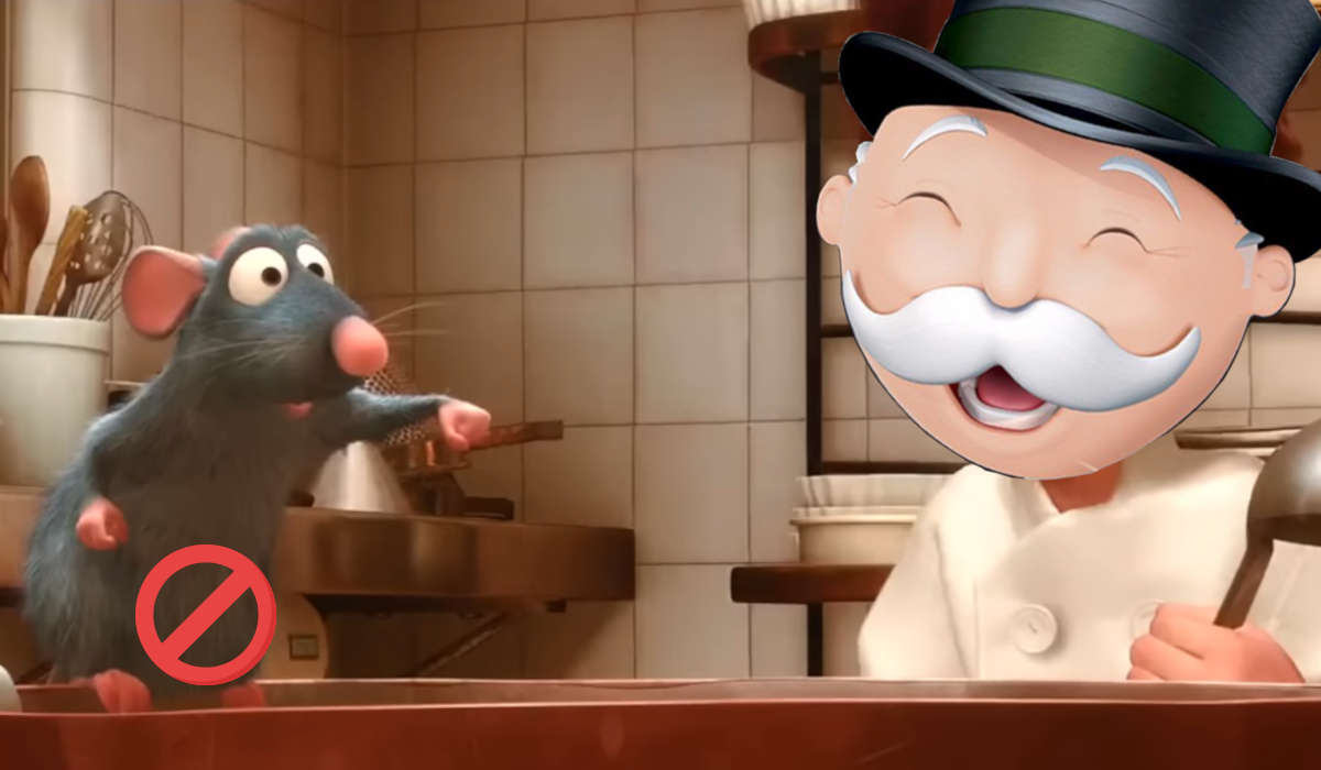 Przerobiony kadr z filmu animowanego 'Ratatuj', pokazujący kucharza i szczura. Szczur ma na podbrzuszu czerwony znak zakazu, a kucharz ma twarz uśmiechniętego ludka z gry Monopoly.