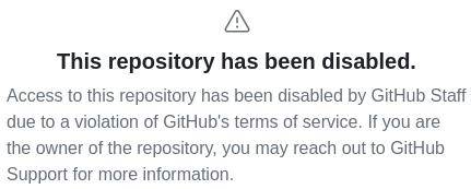 Komunikat mówiący o zawieszeniu dostępu do projektu przez naruszenie warunków serwisu Github