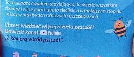 Fragment ulotki rozdawanej przez PSOR. Na niebieskim tle widać biały tekst piszący krótko o tym, co szkodzi pszczołom. Obok widać uśmiechniętą rysunkową pszczołą, a w dolnej części rzędy uli