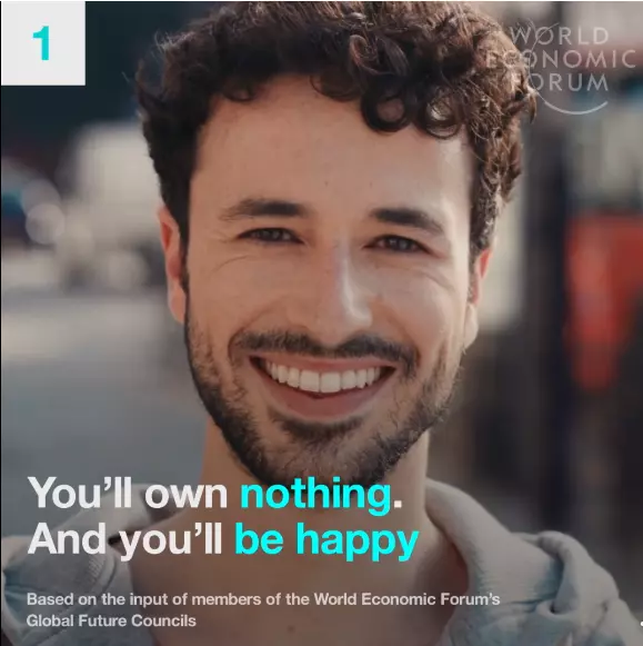 Zdjęcie pokazujące twarz uśmiechniętego młodego mężczyzny. W dolnej części zdjęcia znajduje się napis 'You'll own nothing. And you'll be happy'. Słowa 'nothing i 'be happy' są wyróżnione kolorem.