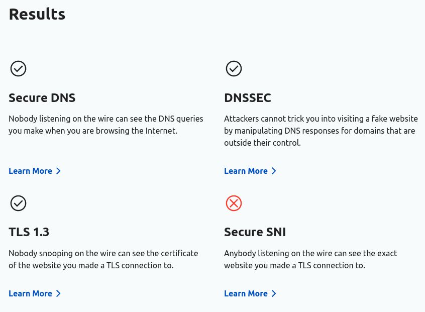 Wyniki testu Cloudflare, widać wypełnione trzy z czterech rzeczy. Bezpieczny DNS, DNSSEC, TLS wersja 1.3. Jedyna niespełniona rzecz to Bezpieczny adres SNI.