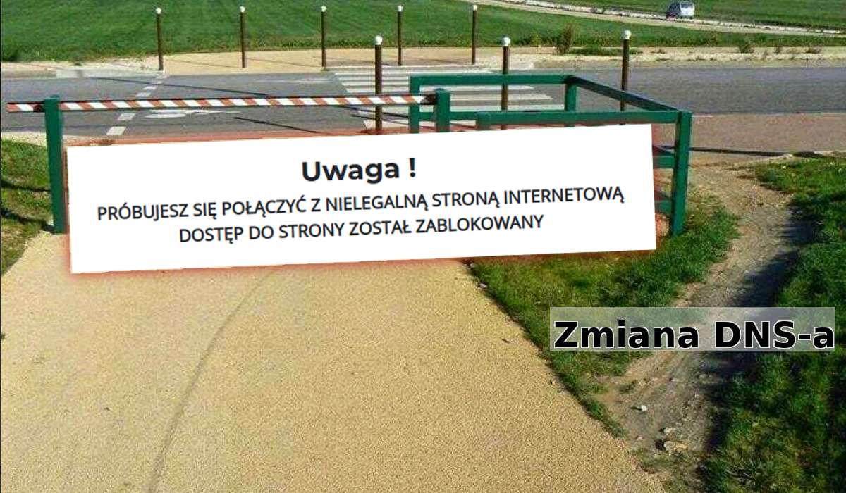 Przejście z barierkami, obok którego w trawie wydeptano ścieżkę. Przejście jest zakryte banerem ostrzegającym, że wchodzimy na nielegalną stronę. Na ścieżkę nałożono napis „Zmiana DNS-a”.