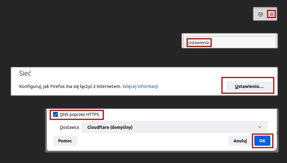 Zrzuty ekranu pokazujące włączanie krok po kroku DNS-over-HTTPS na Firefoksie