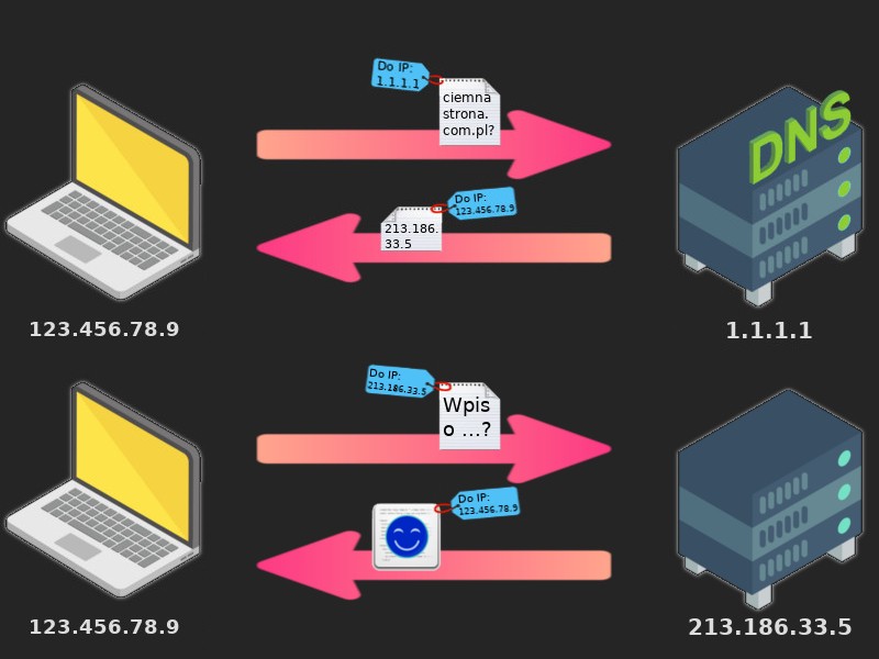 Schemat pokazujący wymianę informacji między laptopem a serwerami: DNS-em oraz adresatem docelowym