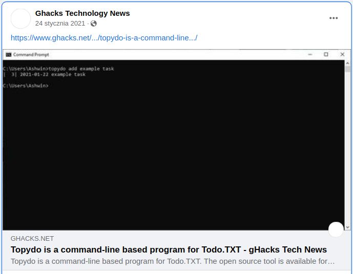 Zrzut ekranu pokazujący post ze strony Ghacks na Facebooku. Zawiera on zdjęcie konsoli i informację o nowym programie.