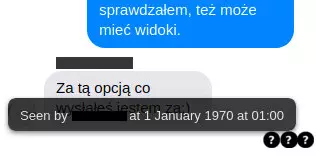 Fragment okna Messengera, pokazujący napis seen by ocenzurowano at 1 January 1970 at 01:00