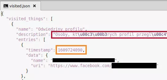 Fragment pliku 'visited.json' otwarty w notatniku. Widać hierarchię elementów. Dorysowany prostokąt o bordowych brzegach otacza tekst, w którym zamiast polskich znaków są ciągi ukośników, cyfr i liter. Prostokąt o pomarańczowych brzegach otacza liczbę obok nazwy 'timestamp'.
