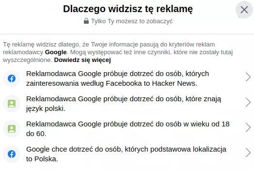 Okno o nagłówku 'Dlaczego widzisz tę reklamę'. Wymienione cztery powody: wśród moich zainteresowań według Facebooka jest Hacker News, znam język polski, jestem osobą w wieku od 18 do 60 lat, moja podstawowa lokalizacja to Polska.