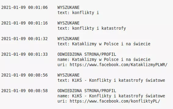 Zrzut ekranu z Notatnika, pokazujący oś czasu. Po lewej stronie znajdują się daty, z dokładnością do sekund. Po prawej stronie, odpowiednio wcięte, odpowiadające tym datom działania. Nagłówki tych działań to „WYSZUKANE” albo „ODWIEDZONA STRONA/PROFIL”. Łącznie widać informacje dla trzech wyszukań, potem odwiedzonej strony, kolejnego wyszukania i innej odwiedzonej strony.