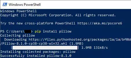 Obrazek pokazujący okno programu Powershell. W jednej z linijek wpisana komenda 'pip install pillow', pod spodem wypełniony pasek ładowania i informacja, że pobrano 1,9 MB i zainstalowano bibliotekę PIL.