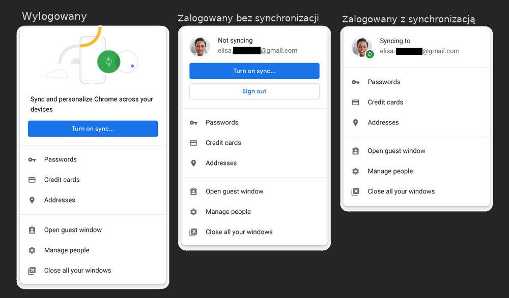 Trzy zrzuty ekranu ilustrujące różne tryby logowania do Chrome'a