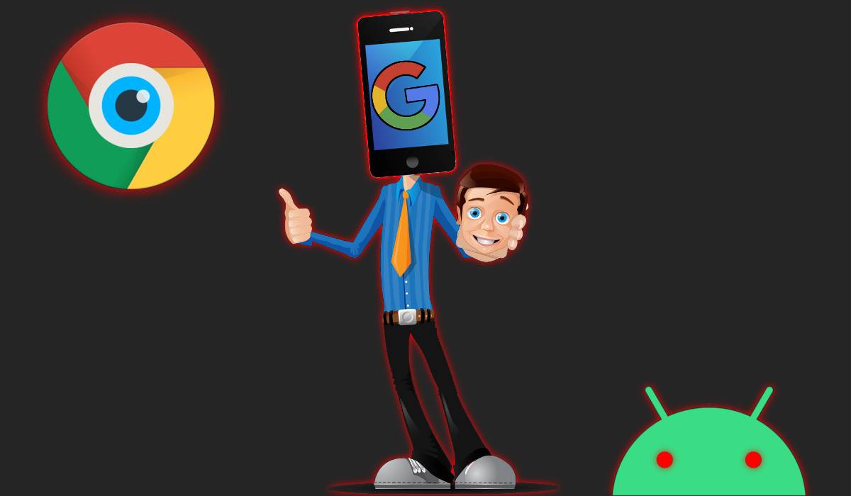 W centrum obrazku stoi rysunkowa clip-artowa postać mężczyzny. Obrazek przerobiono w taki sposób, że mężczyzna zamiast głowy ma smartfona z wyświetlonym logo Google, a w dłoni zamiast telefonu trzyma swoją głowę. W górnym lewym rogu znajduje się logo Chrome'a z emotikoną oka umieszczoną w centrum. W prawym dolnym rogu znajduje się głowa robota, logo Androida, z oczami przerobionymi na czerwone i świecące.