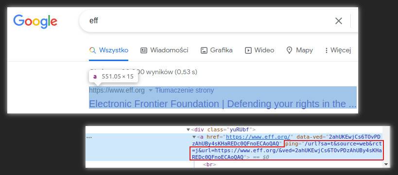 Dwa małe zrzuty ekranu. Górny pokazuje wynik wyszukiwania Google z zaznaczonym jednym linkiem. Dolny pokazuje, jak wygląda ten link w kodzie HTML. Czerwona ramka otacza atrybut dający linkowi możliwość śledzenia.