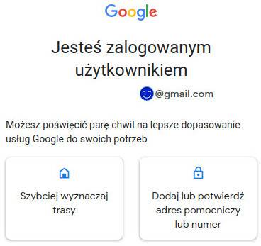 Zrzut ekranu pokazujący opcję podania swojego adresu (nazwaną 'Szybciej wyznaczaj trasy') lub numeru telefonu ('Żeby chronić swoje konto').