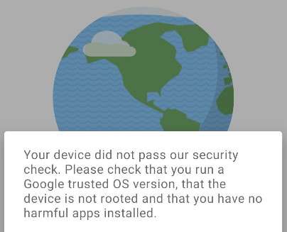 Komunikat informujący o tym, że nie udało się przejść kontroli bezpieczeństwa i że należy sprawdzić, czy używamy zaufanego systemu od Google.