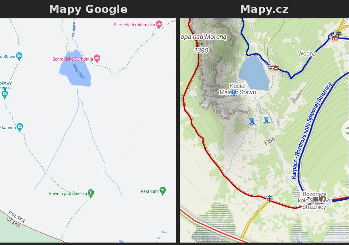 Zestawienie obok siebie fragmentów dwóch map. Ta po lewej jest podpisana Google, ma jednolite szare tło z odrobiną niebieskiego i zieleni, podpisane dwa schroniska, ścieżki w identycznych kolorach. Mapa po prawej jest podpisana Mapy.cz i jest znacznie bardziej szczegółowa. Widać na niej poziomice oraz więcej ścieżek, z czego niektóre oznaczone kolorami szlaków.